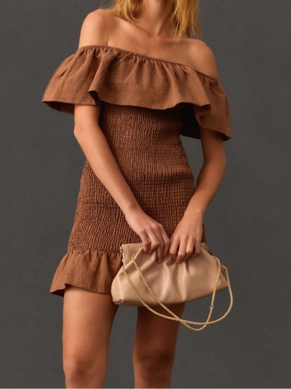 NWT Anthropologie Off Shoulder  Ruched Textured Mini Dress Size M Brown